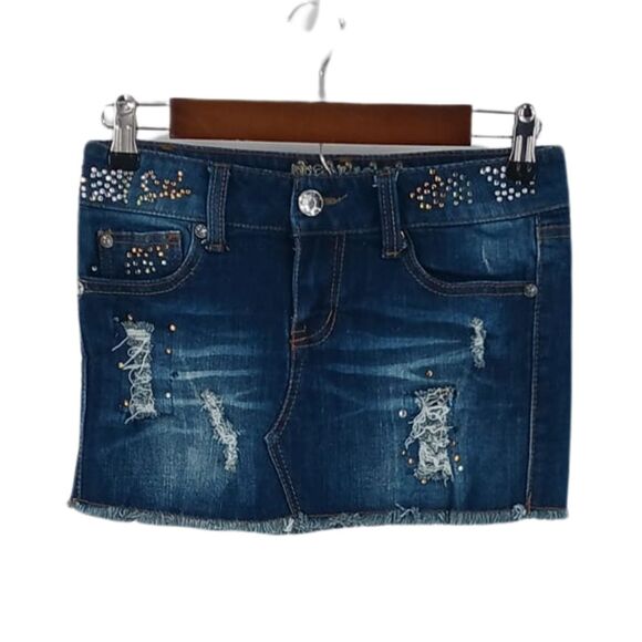 Vintage Dresses & Skirts - Vintage Truce Distressed Dark Wash Bejeweled Denim Y2K Jean Mini Skirt Sz 0
